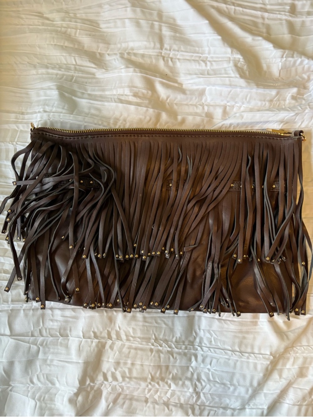 Deux Lux Brown Fringe Wristlet Clutch with Gold Studs